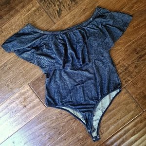 Off-Shoulder Flounce Ruffle Stretch Denim Style Bodysuit